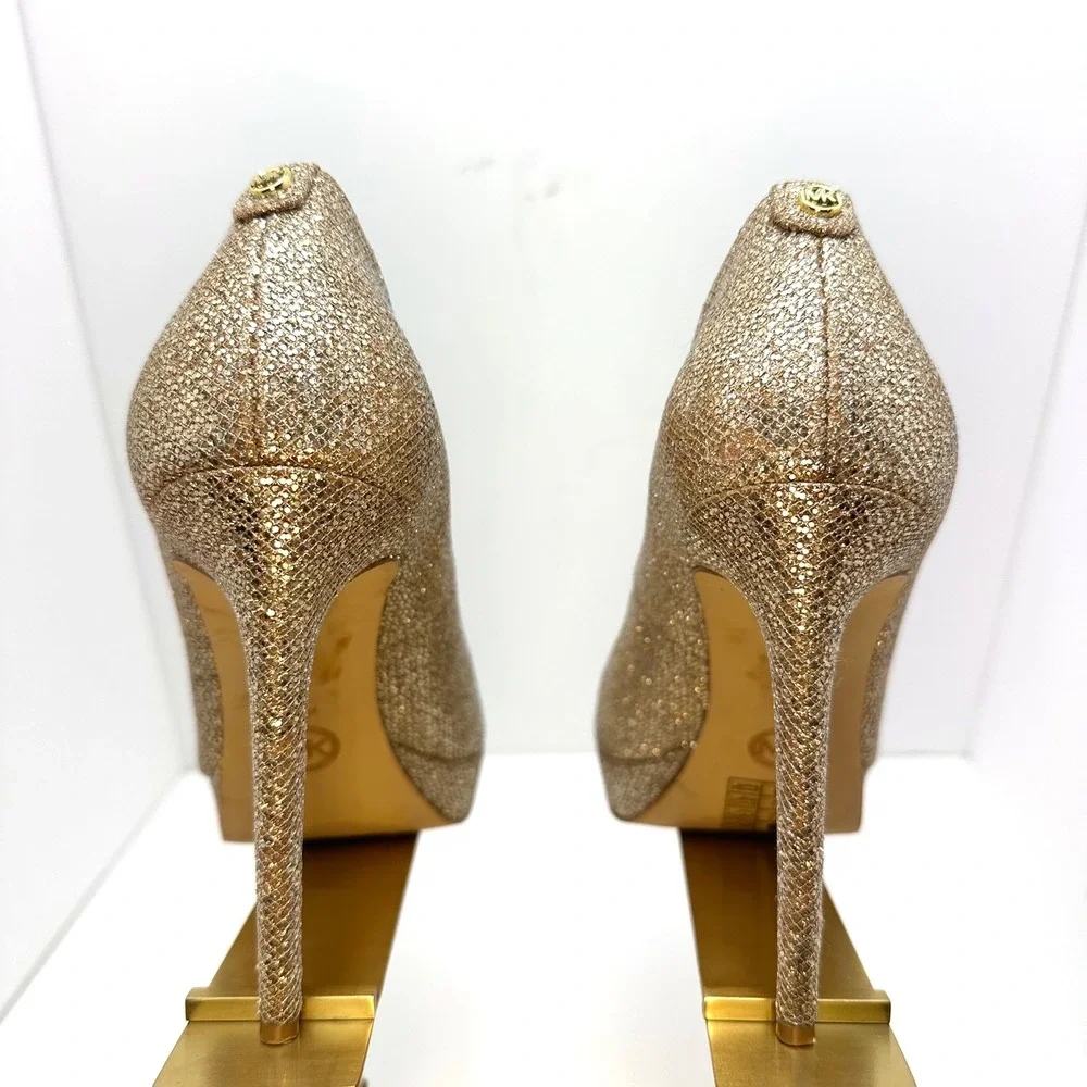 Michael Kors Gold Glitter Peep Toe Platform Pumps Stiletto Heels‎ Womens 9M